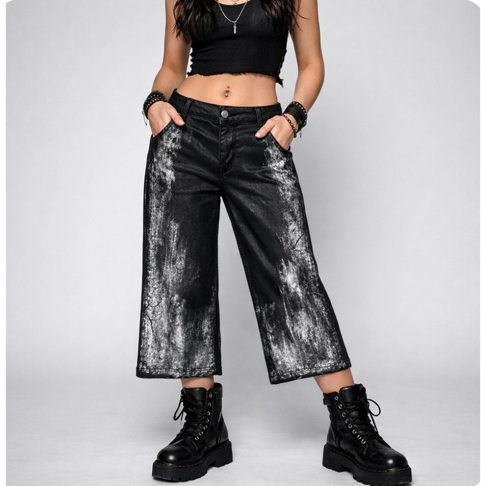 Dear John Womens Black Wide Leg Crop‎ Pants Sz 29 Metallic Silver Edgy Grunge